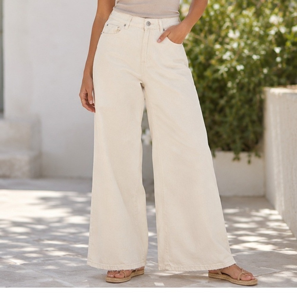 Gianni Bini Cream Wide Leg Cotton Linen Hemp Jeans High Rise Sz 29 Boho Earthy